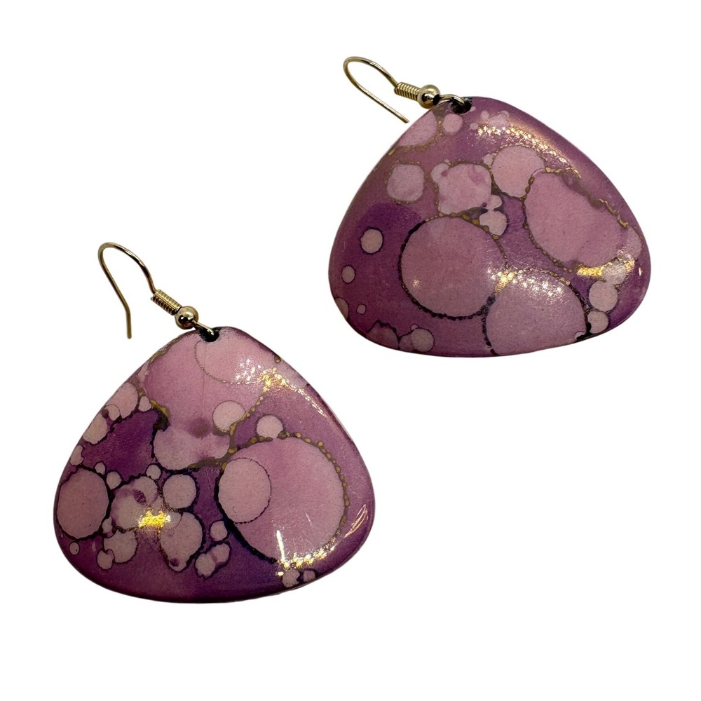 Vintage Handmade Purple Ceramic Marbled Drop Earrings Gold Accents Triangular